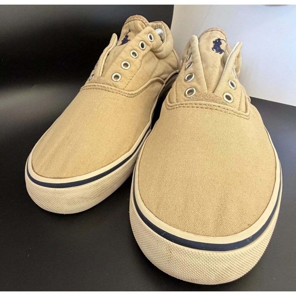 Polo Ralph Lauren Thorton V Men's Khaki Washed Canvas Slip-On Sneakers Sz 12D